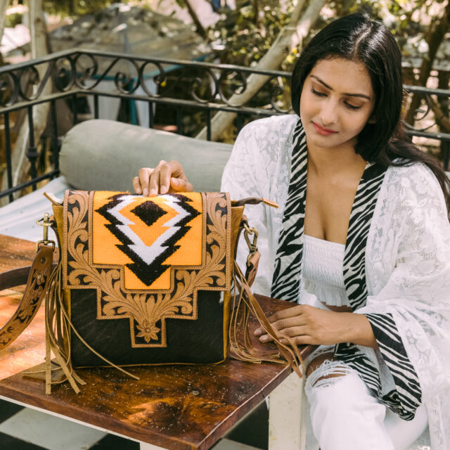 Cowhide Tooling Carving Fringe Bag