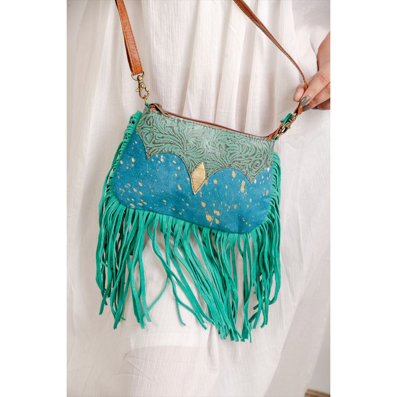 14003-1.jpg Cowhide Tooling Carving Fringe Bag - Image 1