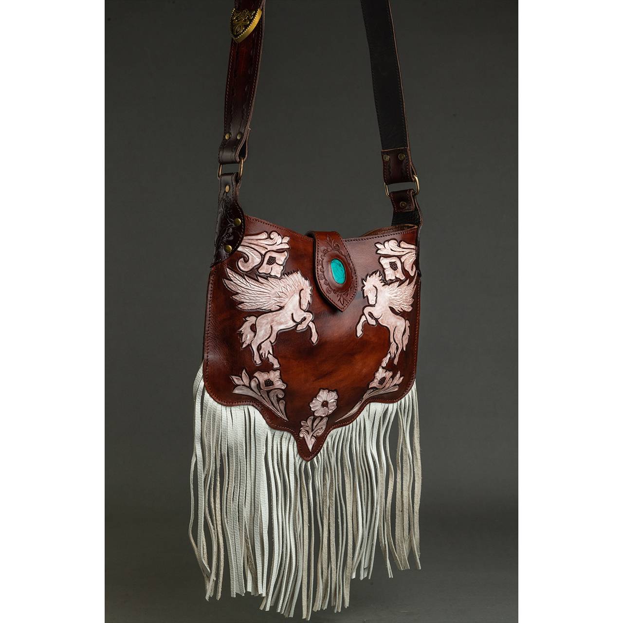 14020-2.jpg Cowhide Tooling Carving Fringe Bag - Image 1