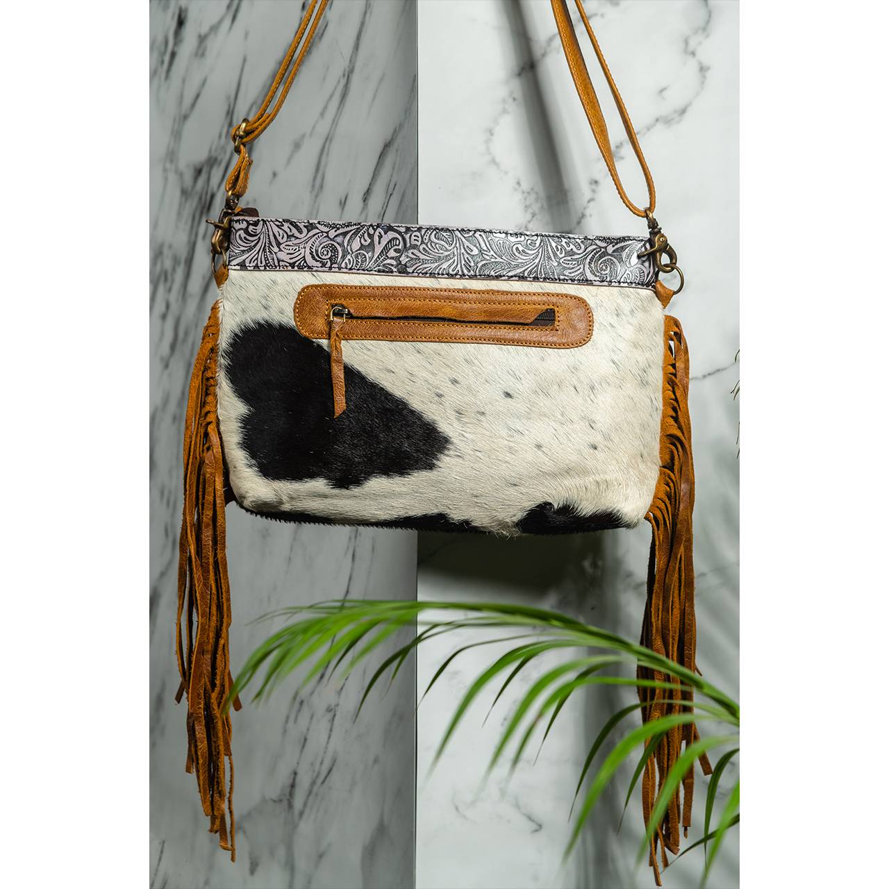 14023-1.jpg Cowhide Tooling Carving Fringe Bag - Image 1