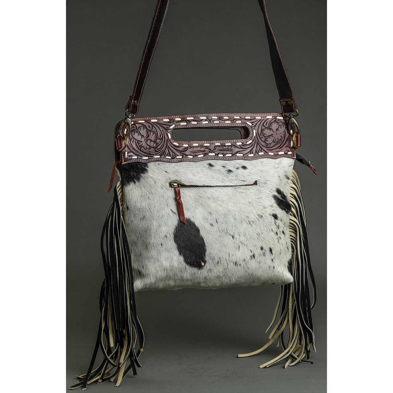 14025-1.jpg Cowhide Tooling Carving Fringe Bag - Image 1