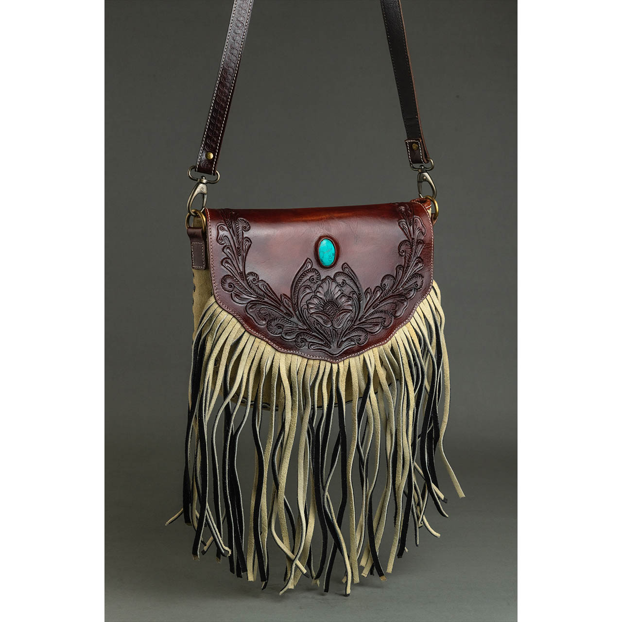 14027-2.jpg Cowhide Tooling Carving Fringe Bag - Image 1