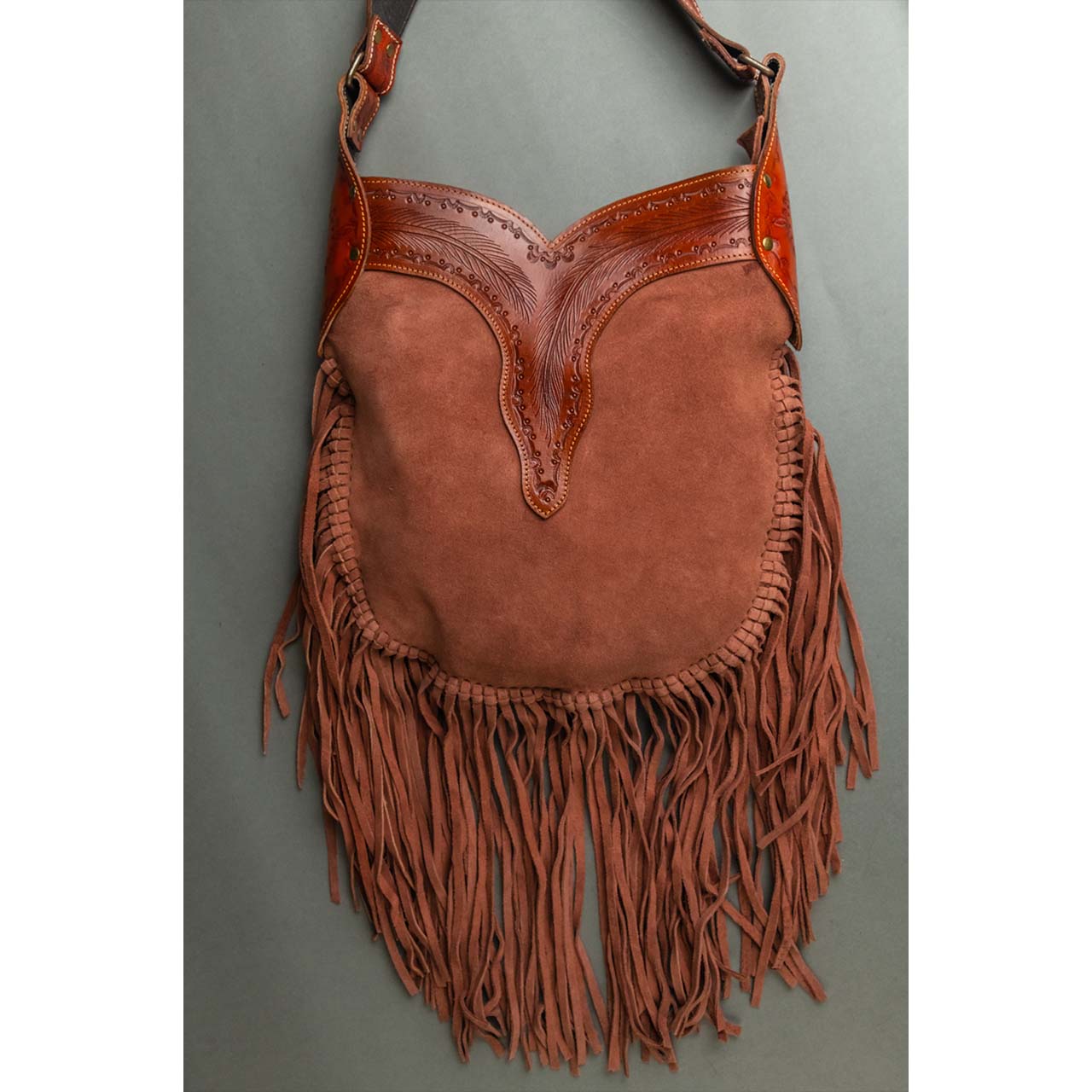 14028-2.jpg Cowhide Tooling Carving Fringe Bag - Image 1