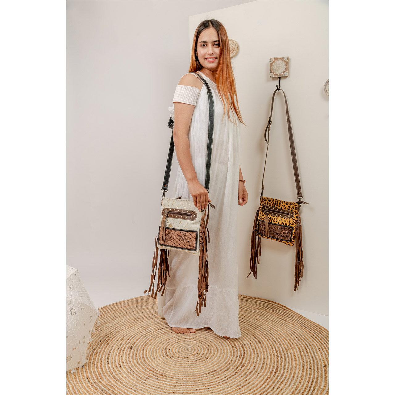 14041-1.jpg Cowhide Tooling Carving Fringe Bag - Image 1