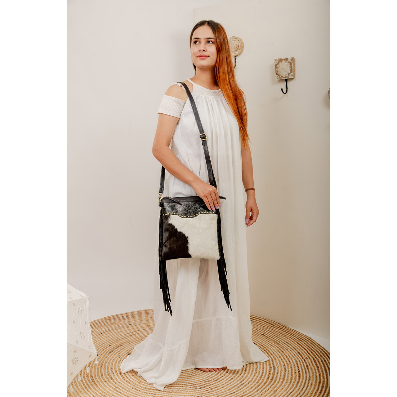 14042-1.jpg Cowhide Tooling Carving Fringe Bag - Image 1
