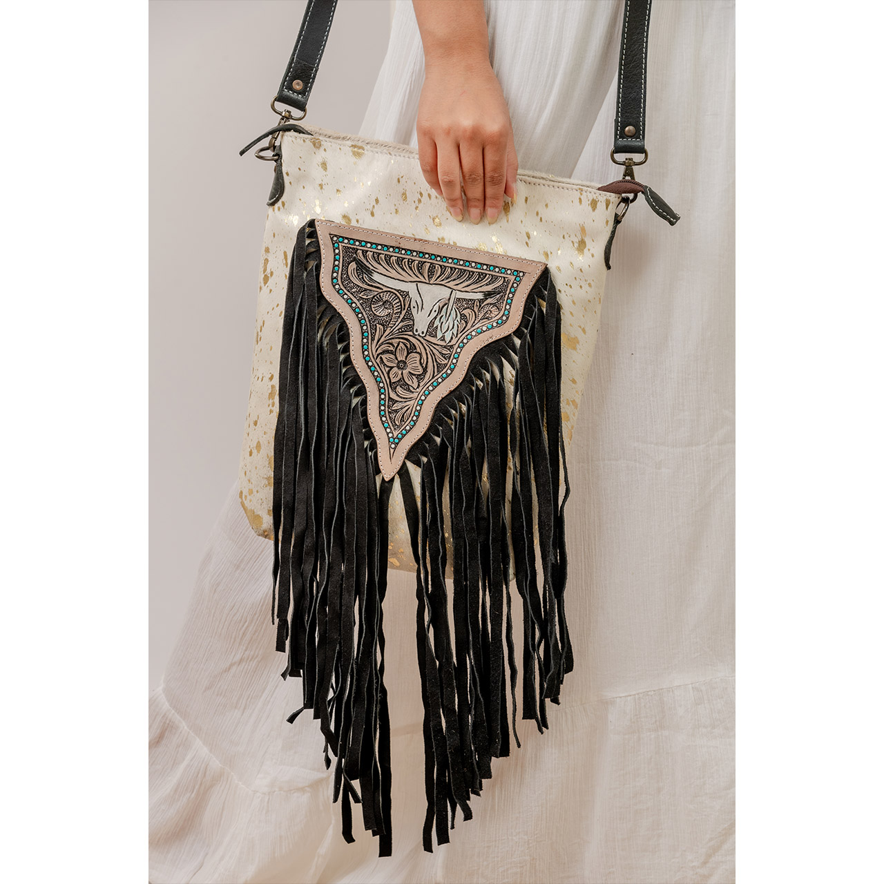 14043-1.jpg Cowhide Tooling Carving Fringe Bag - Image 1