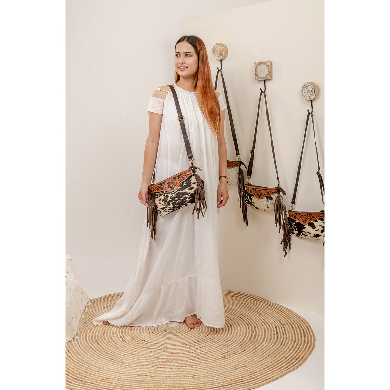 14046-1.jpg Cowhide Tooling Carving Fringe Bag - Image 1