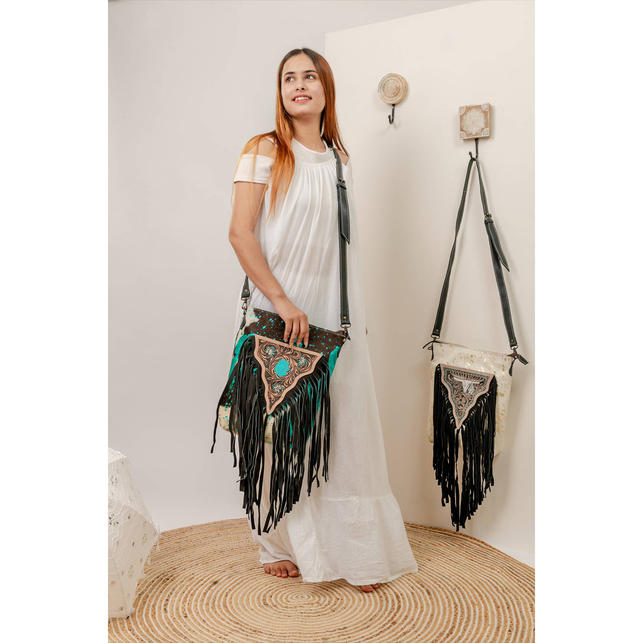 14051-1.jpg Cowhide Tooling Carving Fringe Bag - Image 1
