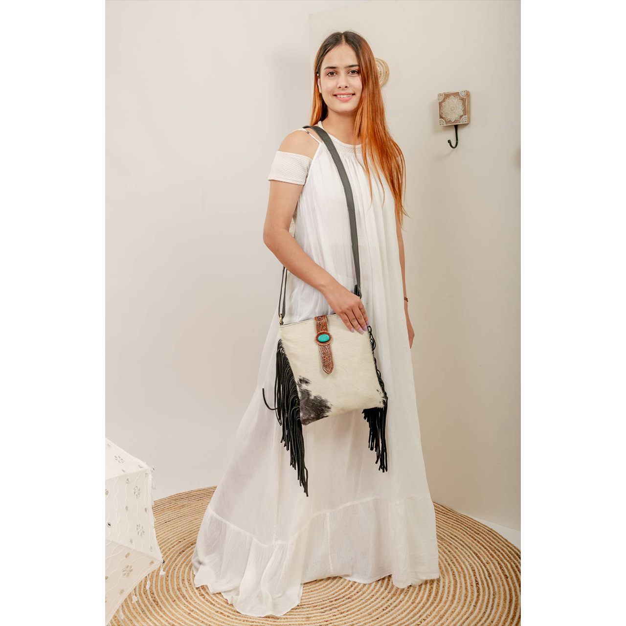 14052-1.jpg Cowhide Tooling Carving Fringe Bag - Image 1