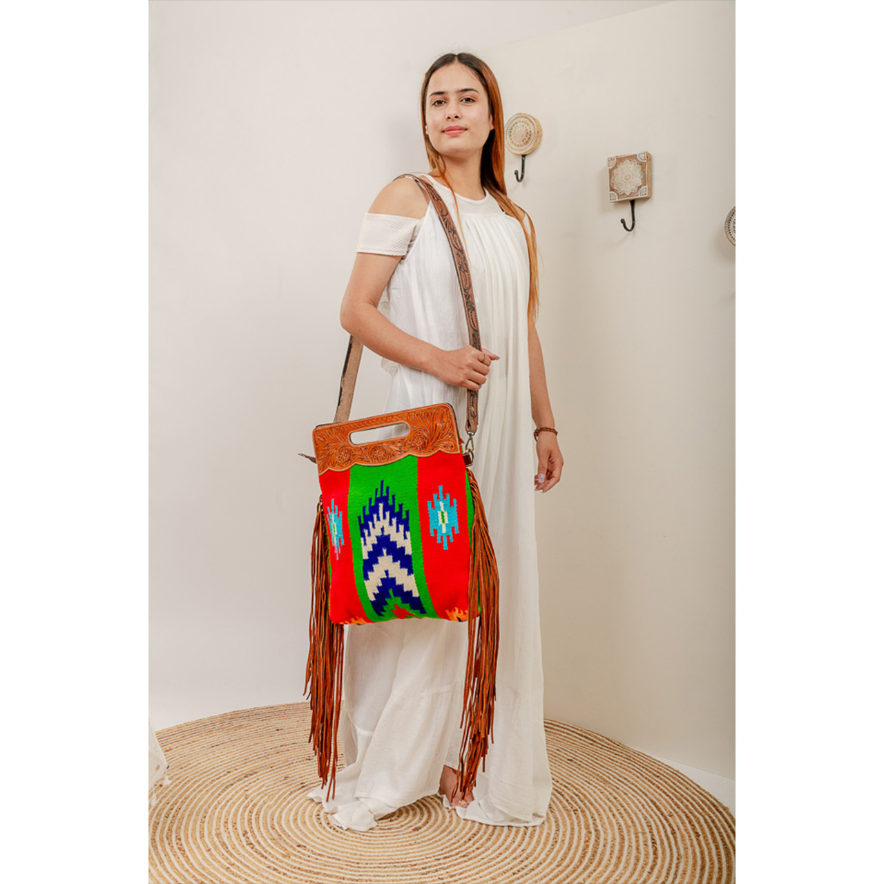 14057-1.jpg Cowhide Tooling Carving Fringe Bag - Image 1
