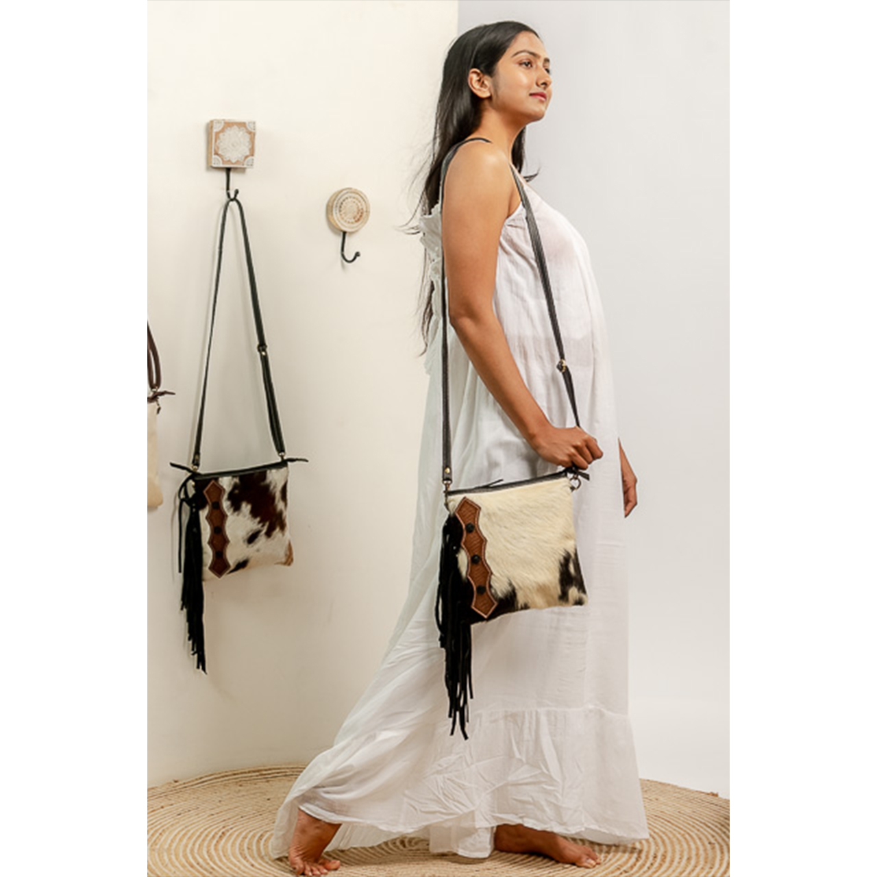 14058-1.jpg Cowhide Tooling Carving Fringe Bag - Image 1
