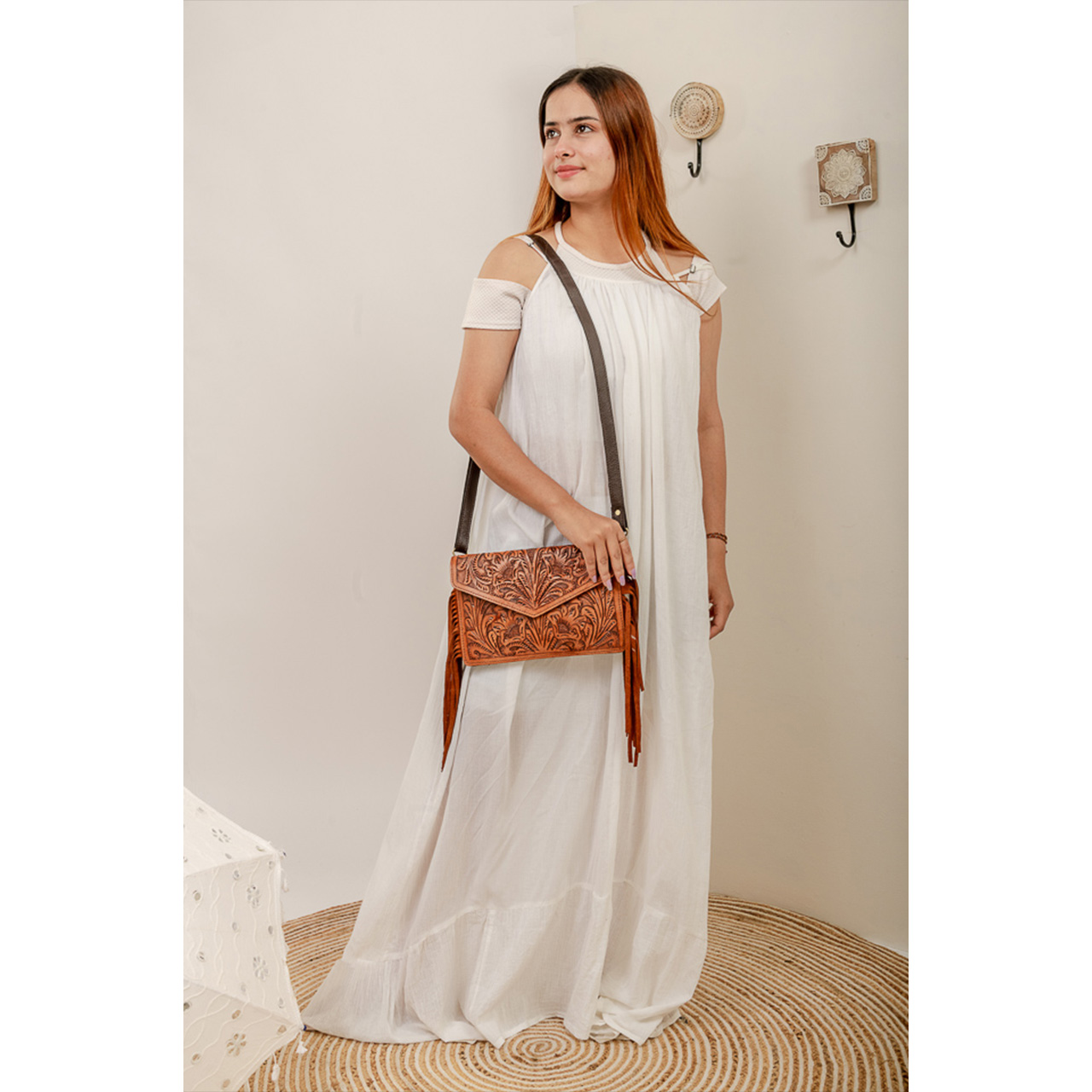 14059-1.jpg Cowhide Tooling Carving Fringe Bag - Image 1