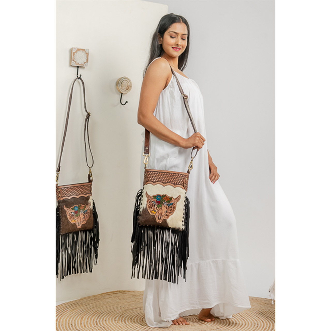 14071-1.jpg Cowhide Tooling Carving Fringe Bag - Image 1