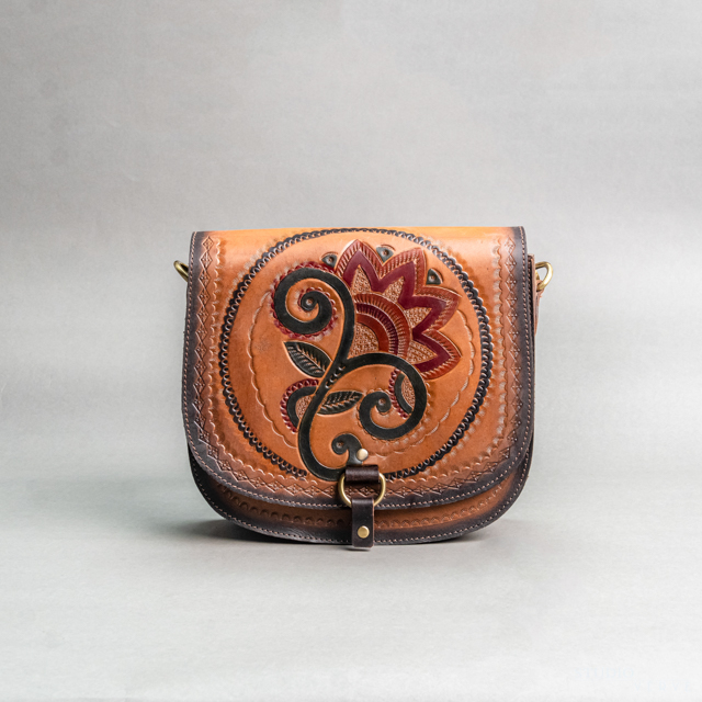 14073-1.jpg Cowhide Tooling Carving Fringe Bag - Image 1