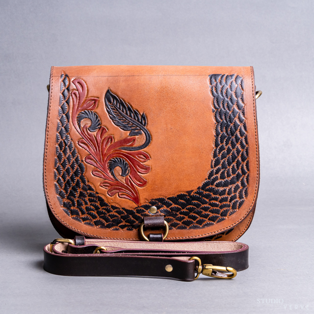 14078-1.jpg Cowhide Tooling Carving Fringe Bag - Image 1