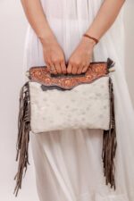 Cowhide Tooling Carving Fringe Bag - Image 2
