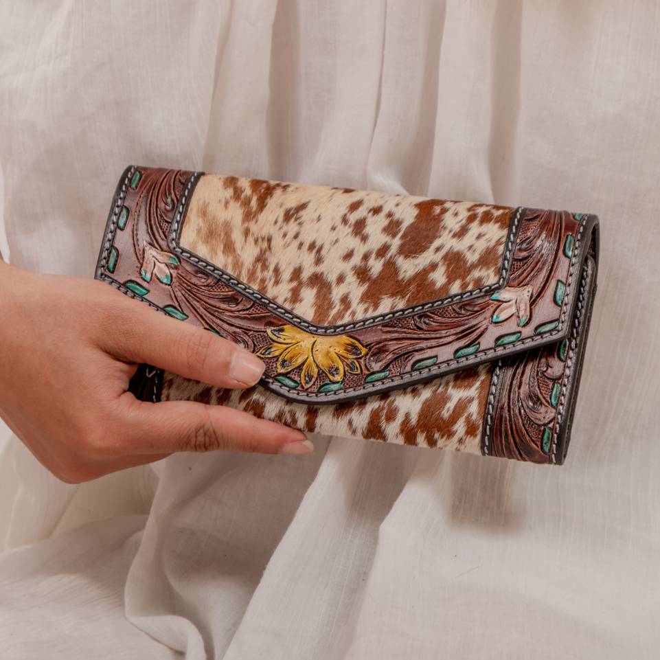 14085-1.jpg Cowhide Tooling Carving Fringe Bag - Image 1