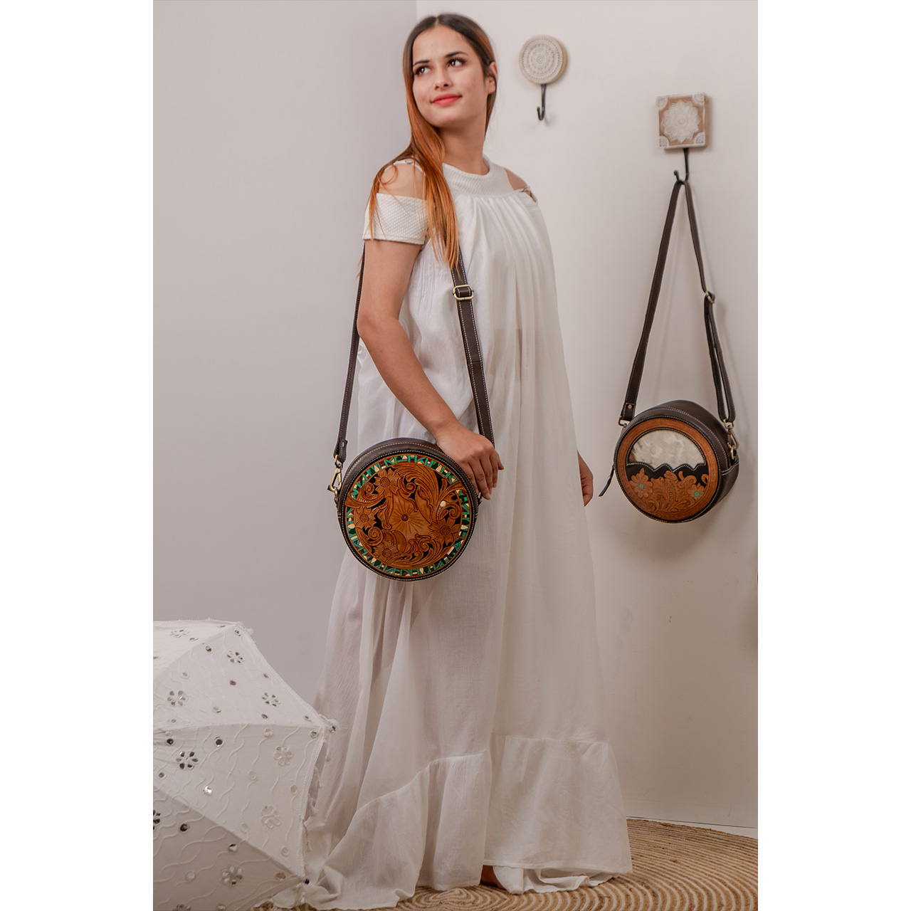 14104-1.jpg Cowhide Tooling Carving Sling Bag - Image 1