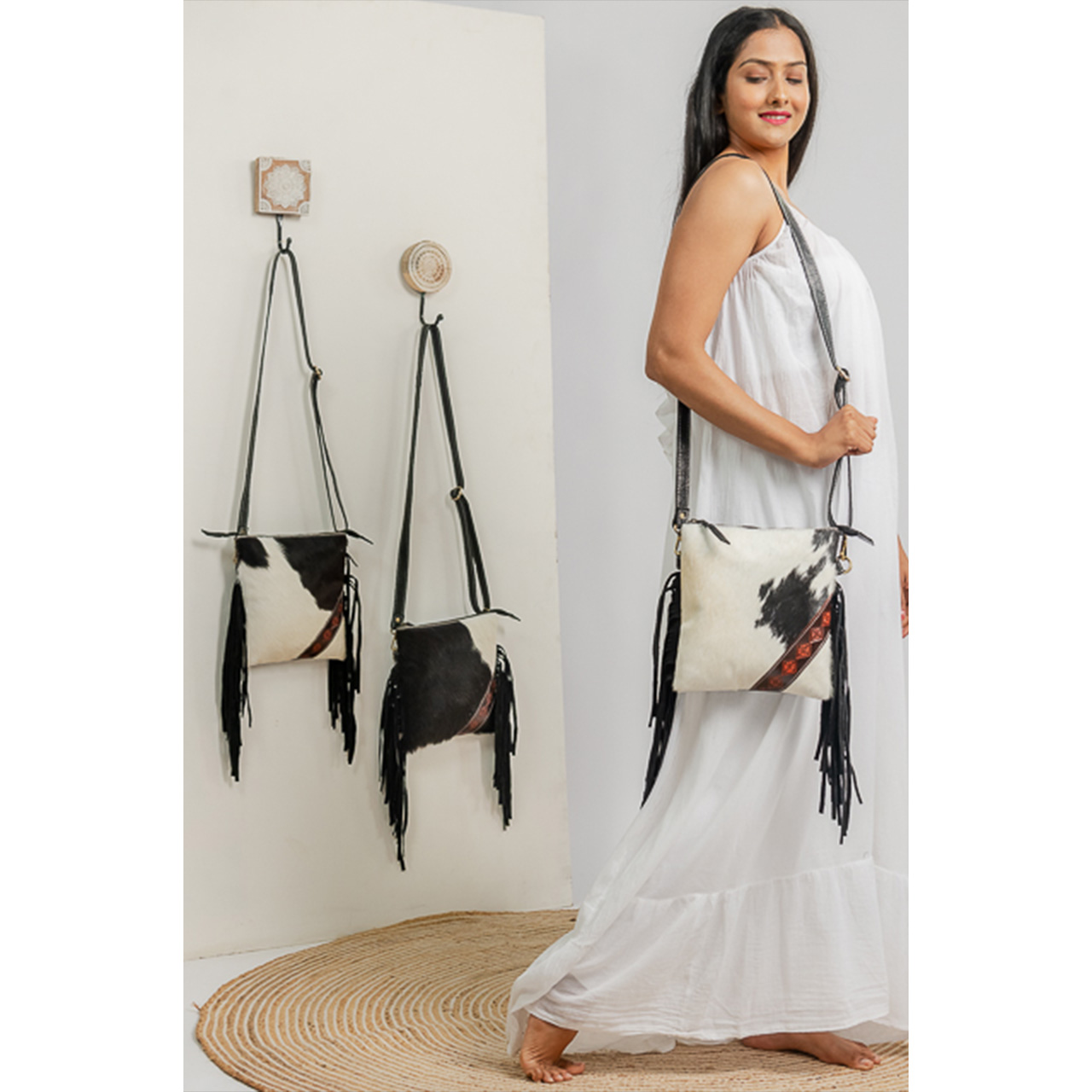 14111-1.jpg Cowhide Tooling Carving Fringe Bag - Image 1