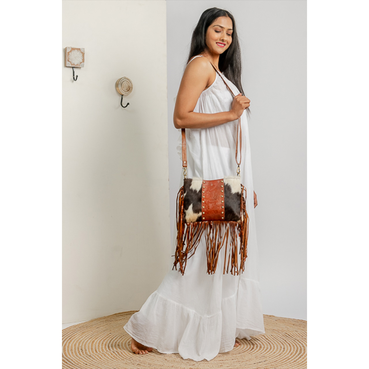 14112-1.jpg Cowhide Tooling Carving Fringe Bag - Image 1