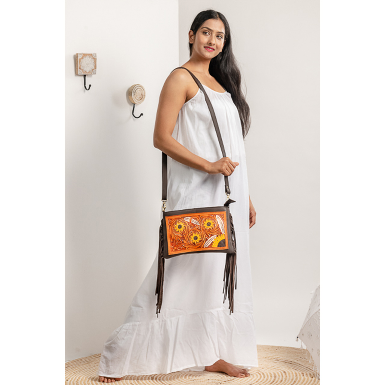 14130-1.jpg Cowhide Tooling Carving Fringe Bag - Image 1