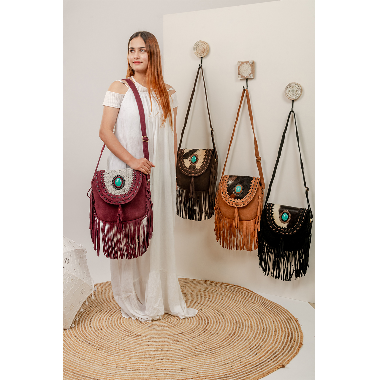 19026-1.jpg Suede Leather Cowhide Fringe Bag - Image 1